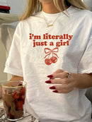 1pc Women'S Vintage Style Casual Printed T-Shirt with Cherry Bow Graphic, Round Neck, Short Sleeve, Polyester Knit Fabric