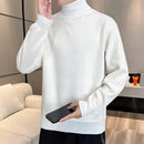 Men's thickened high collar knitted sweater, fleece lined winter sweater, stylish white pullover for casual wear.