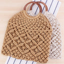 Handwoven beach tote bag collection featuring natural straw and cotton rope designs with wooden handles.