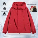 Unisex spring autumn lightweight waterproof hiking jacket in red with hood and zippers.