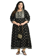 plus size Anarkali kurti in black with golden embroidery suitable for casual and festive occasions.
