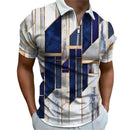 men's casual polo shirt featuring a stylish splice print design with a zipper and turn down collar.
