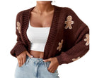 women's gingerbread cardigan in cozy knit with gingerbread man appliques and relaxed fit, perfect for layering.