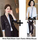 Plaid Formal Suit for Women's Office Attire featuring a wine plaid blazer, matching pants, and a white blouse.
