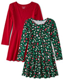 The Childrens Place Girls Long Sleeve Fashion Skater Dress 2-Pack Christmas Santa XX-Large
