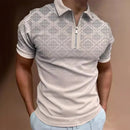 men's casual polo shirt in light beige with zipper and short sleeves, perfect for autumn styling.