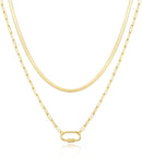 14k gold layered necklace for women featuring a herringbone and paperclip chain design.