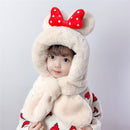 Thick children's scarves and hats featuring a cute bear design with red polka dot bow for winter warmth.