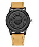 Men's stylish watch with a sleek design and Roman numeral markings on a leather strap.