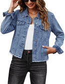 lightweight denim jacket for women with raw hemline and frayed detailing, perfect for casual summer outfits.