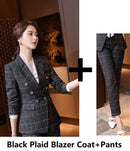Plaid Formal Suit for Women's Office Attire featuring a Black Plaid Blazer Coat and Pants.