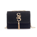 Fringe crossbody bag with gold logo charm and chain strap, perfect for stylish daily use.