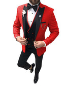 Red tuxedo suit for men featuring a stylish 3 piece design with peaked collar and satin details, perfect for weddings and proms.