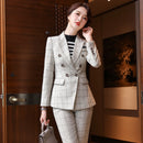 Plaid Formal Suit for Women's Office Attire worn by a stylish woman in a modern office setting.