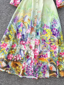 France Elegant Vintage Palace Evening Dress Women Sashes Button Print Long Party Dress with colorful floral design.