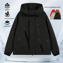 Unisex black lightweight waterproof hiking jacket with hood and zippered pockets for versatile outdoor wear.