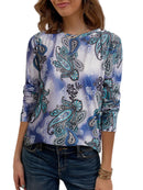JUSTFASHIONNOW embroidered tops for women navy blue long sleeve shirt with floral print.