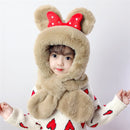 Thick children's scarves and hats featuring a cute design with ears and bow for warmth and style.