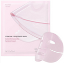 Hydrating collagen facial mask in pink packaging with a gel sheet for skincare, emphasizing hydration and collagen benefits.