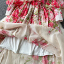 boho floral summer dress with pink floral patterns and lantern sleeves, perfect for warm weather occasions.