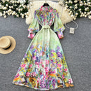 France Elegant Vintage Palace Evening Dress Women Sashes Button Print Long Party Dress Female Casual Chic Festival Clothing New