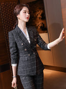 Plaid Formal Suit for Women's Office Attire worn by a modern woman in a sophisticated setting.