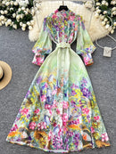 France Elegant Vintage Palace Evening Dress women sashes button print featuring vibrant floral design and chic style.