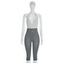 Spring Women's Clothing Slim Fit Polka Dot Jumpsuit featuring halter neck design and geometric seam detail.