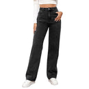 Stretchy wide leg jeans for women in black, featuring a high waist and trendy design, styled with a white top.