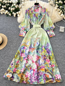 vintage evening dress for women with floral print and bow belt, elegant long party dress