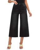 Luvamia high waisted wide leg jeans for women in black, featuring a trendy raw hem and wide leg design, perfect for summer outfits.
