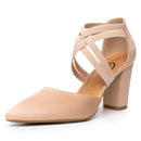 Trary nude chunky heels for women with elastic double crisscross strap and pointed toe, perfect for dressy occasions.