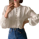 Korean Version of Womens Shirt Womens Sweet Round Neck Pleated Small lace top Womens Long Sleeved Shirt top (WhiteXL)
