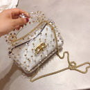 Chain Bag, Crossbody Mini Bag, Transparent Jelly Bag with rivet design and gold chain strap.
