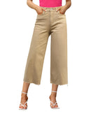 trendy wide leg khaki capri jeans for women worn by a model showcasing the raw hem design and high-rise fit