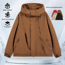 Unisex lightweight waterproof hiking jacket in brown, featuring zippered pockets, hood, water-repellent and windproof design.
