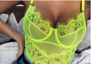 Floral lace bodysuit lingerie in bright neon green, featuring intricate lace design and mesh detailing, perfect for seductive style.