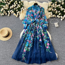 Summer Gorgeous Flower Holiday Long Dress Women's Stand Lantern Sleeve Floral Print Lace Up Loose Robe Boho Chiffon Vestidos