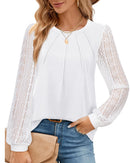 VALOLIA white blouse for women work tops featuring lace sleeves and a pleated design, perfect for business casual style.