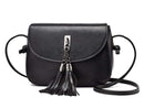 Compact Crossbody Bag, Minimalist Shoulder Bag with tassels and sleek design in black PU material.