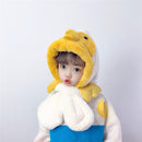 Cute child wearing a thick children's scarves and hats in a playful duck design, perfect for winter warmth.