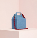 Checkered crossbody shoulder bag in blue with red chain, stylish and versatile, perfect for any occasion.