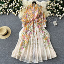 Summer Gorgeous Flower Holiday Long Dress Women's Stand Lantern Sleeve Floral Print Lace Up Loose Robe Boho Chiffon Vestidos