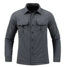 Personalized ice-proof shirt men in gray with button-up front and pockets, ideal for cold climates.
