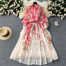 Summer Gorgeous Flower Holiday Long Dress Women's Stand Lantern Sleeve Floral Print Lace Up Loose Robe Boho Chiffon Vestidos