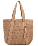 Fashion straw shoulder bag with chic mahogany pendant and comfortable straps, perfect for beach outings.