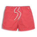 Red striped men's summer stripe shorts with drawstring for casual beach wear.