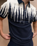 Men's casual polo shirt featuring a spliced print design with short sleeves and a zipper collar, perfect for autumn 2024.
