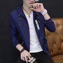 Stylish navy men's lightweight jacket with hood, perfect for casual and outdoor activities.