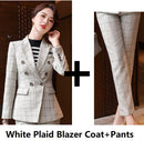 Plaid Formal Suit for Women's Office Attire featuring a White Plaid Blazer Coat and Pants ensemble.